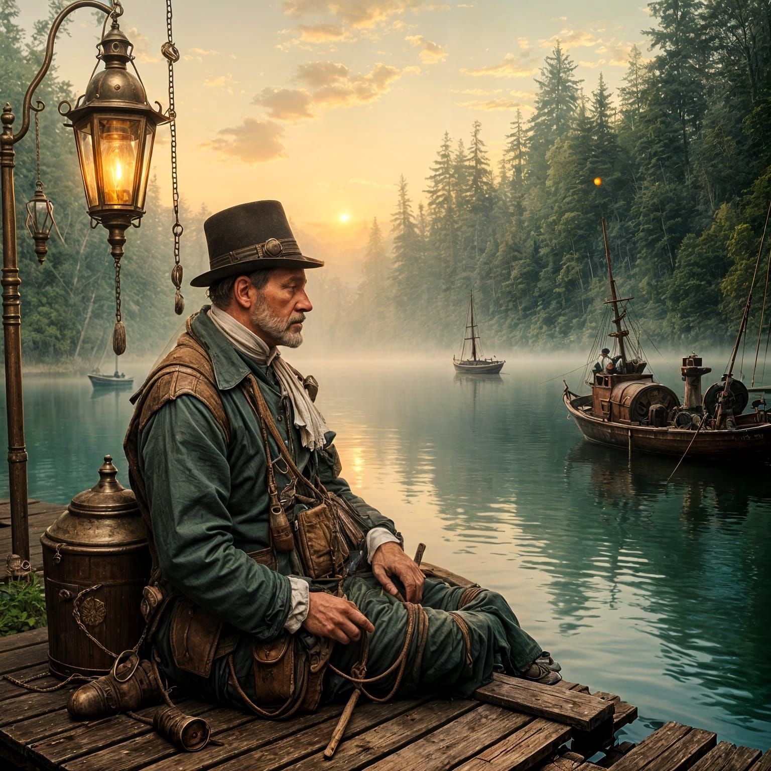 Victorian Fisherman at Dawn in Steampunk Style