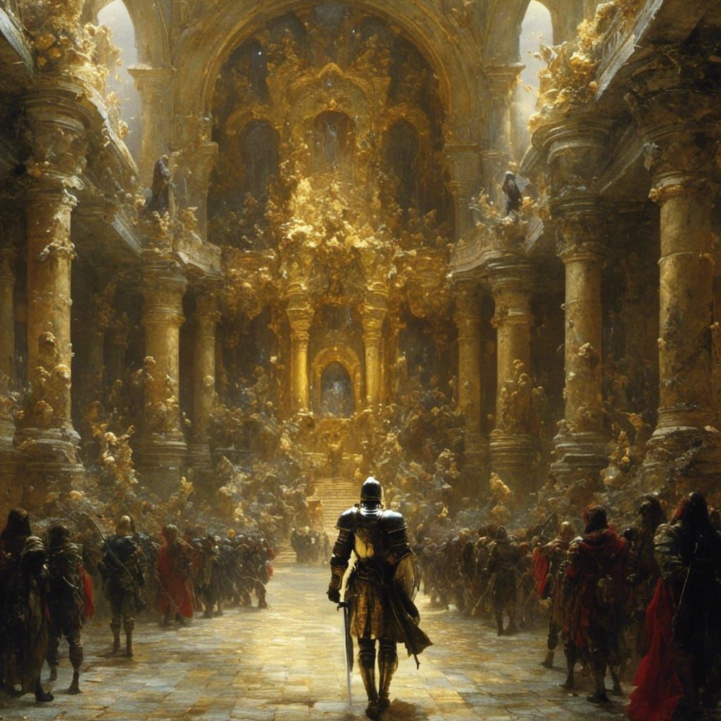 Knight Enters Golden Palace in Light Fantasy Style