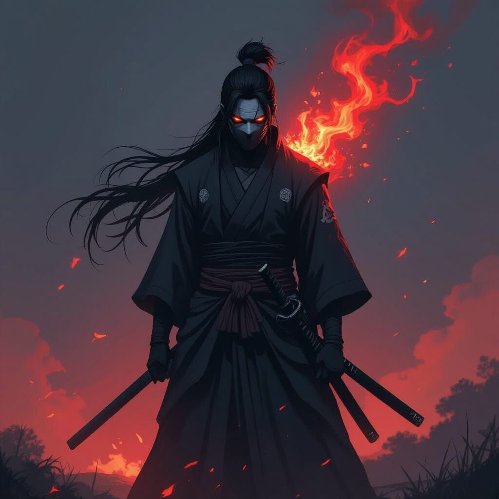 Shinobi's Red Aura Under Dark Sky