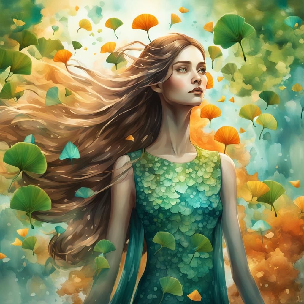 Whimsical Woman with Flowers and Gingko Leaves