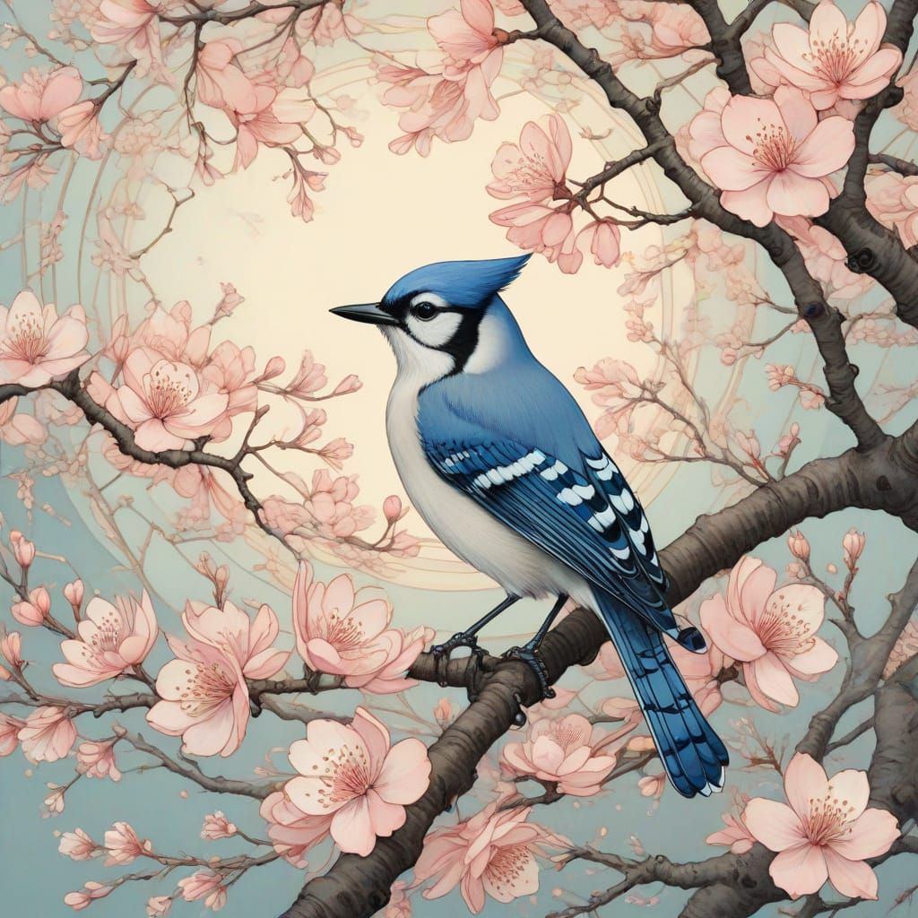 Whimsical Cherry Blossom Tree with Bluejay in Dreamlike Wate...