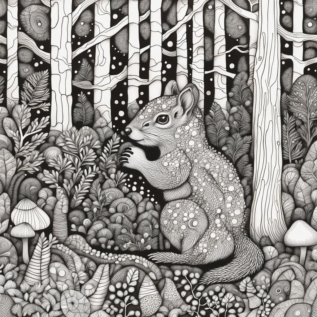 Detailed Zentangle Treescape with Forest Animals