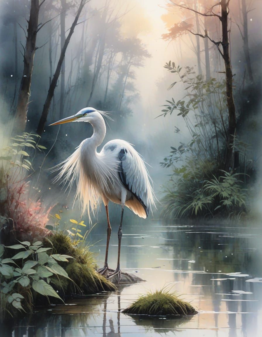Heron in Misty Lake: Ethereal Watercolor Painting