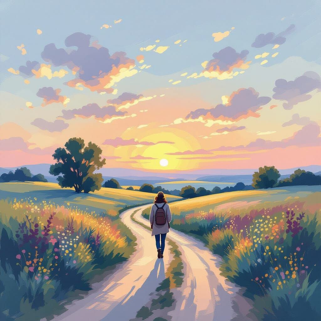Traveler on Winding Path Under Gradient Sky