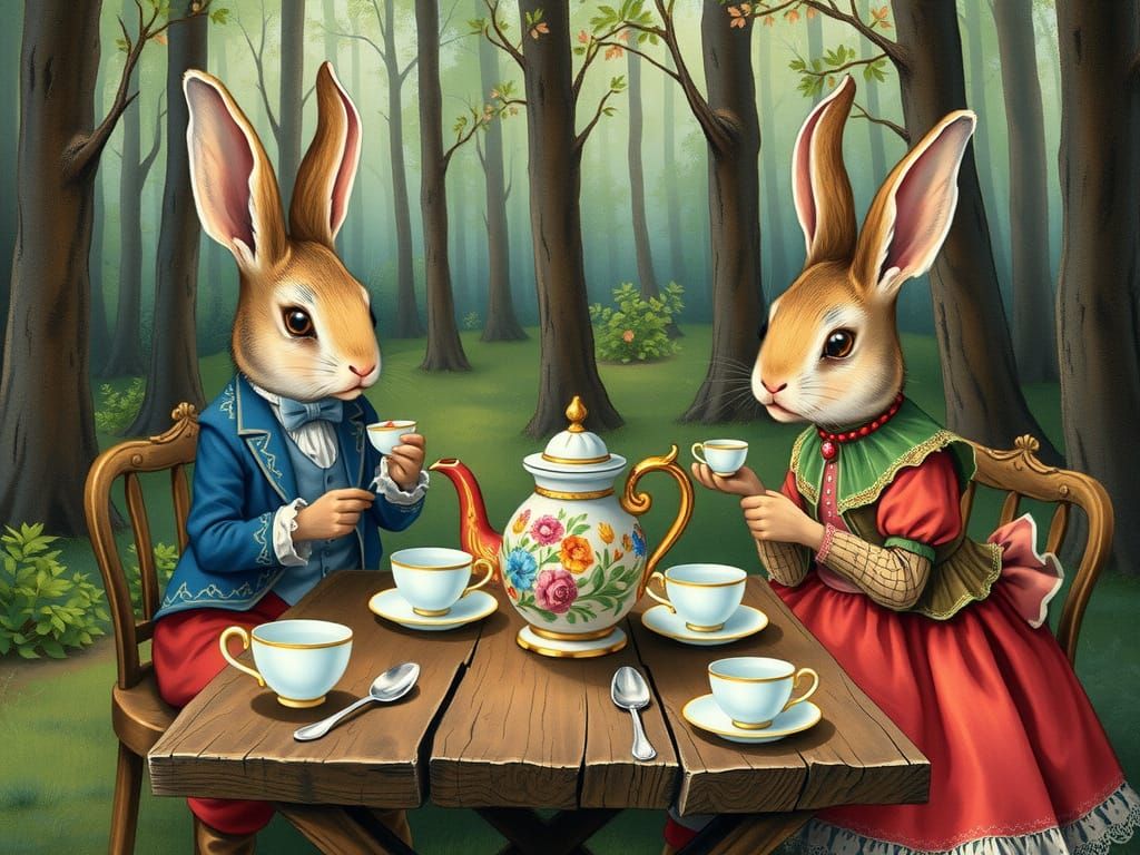 Rabbits Enjoy Tea in Fancy Victorian Forest Attire