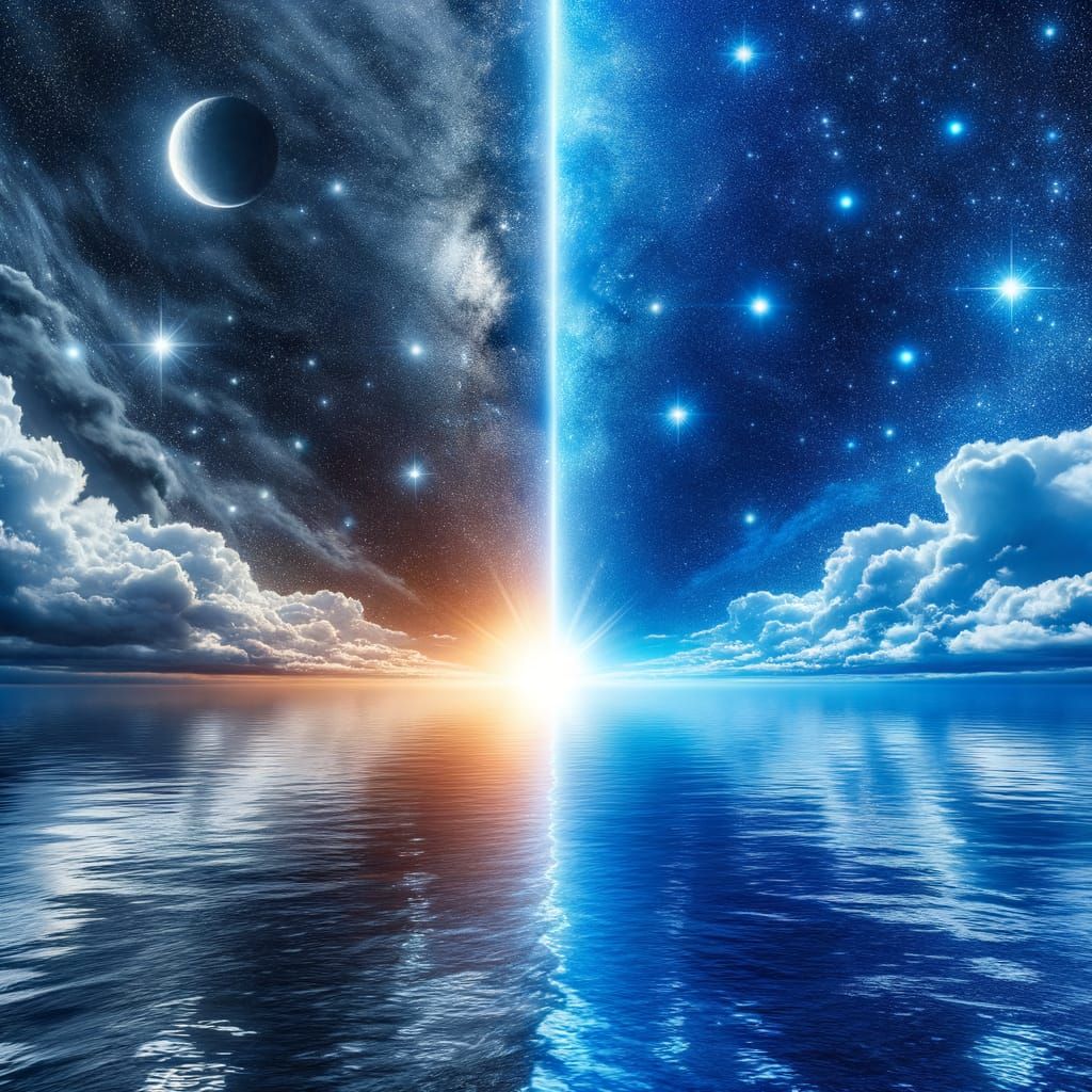 Dual Horizon Sky with Ocean Reflection in Celestial Harmony