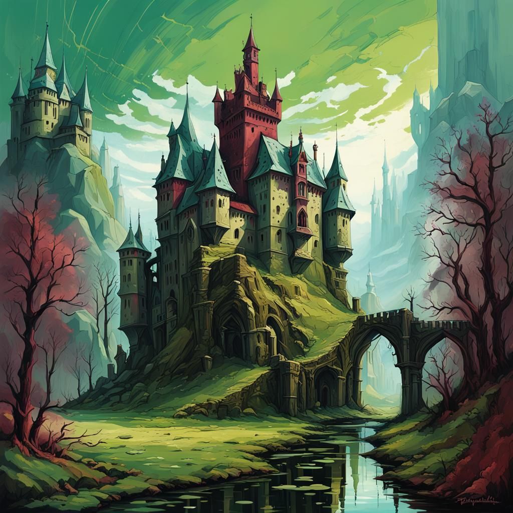 Gothic Castle Fused with Swamp Rock, Biopunk Style