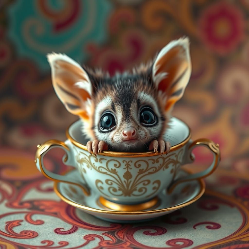 Delicate Aye Aye in Antique Coffee Cup, Whimsical Digital Ar...