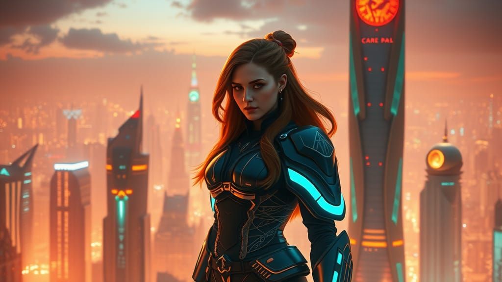 Futuristic Heroine in Dynamic Sci-Fi Cityscape