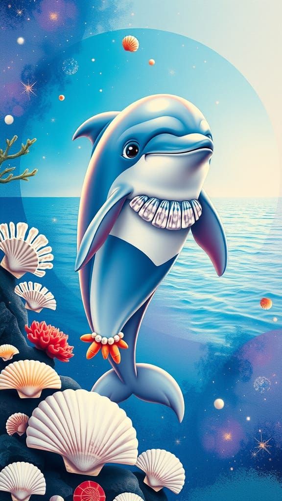 Humanoid dolphin figure with sapphire eyes, webbed wings, an...