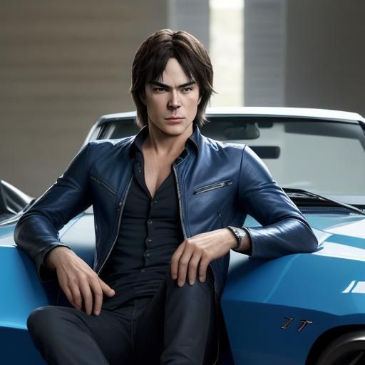 Damon Salvatore in a Blue 1969 Camaro Convertible