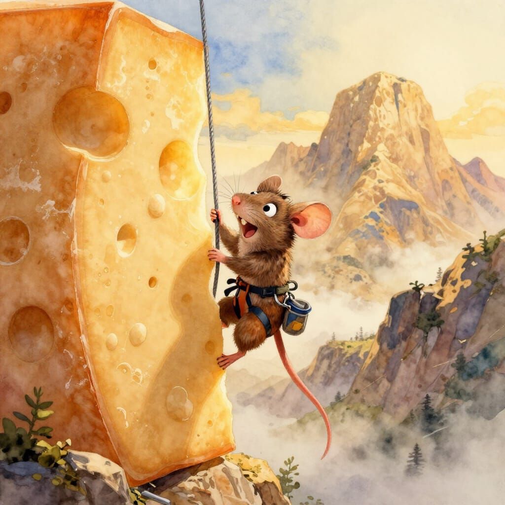 Triumphant Mouse Climbs Colossal Cheese Mountain