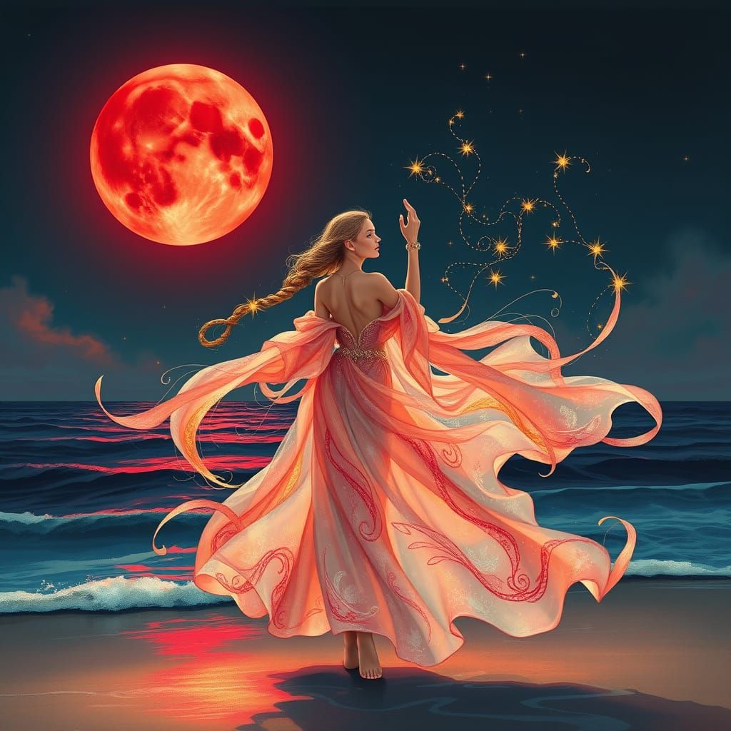Ethereal Noble Lady Under Red Moonlight