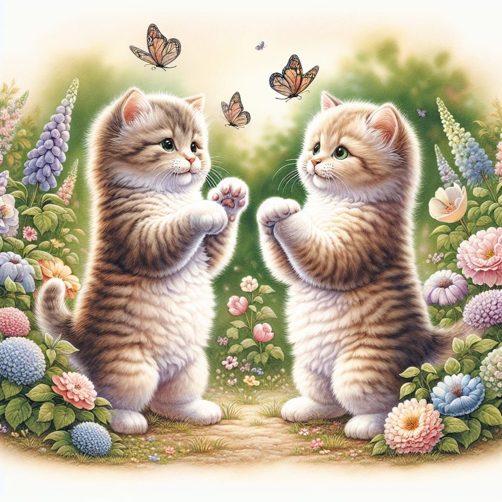 Cute Kittens Play Pat-A-Cake in Blooming Garden