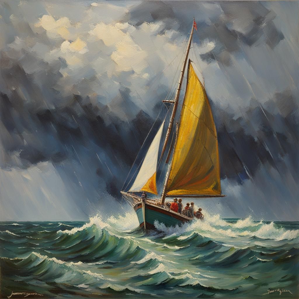 Sailing Boat Braving Storm, Oil Painting Style