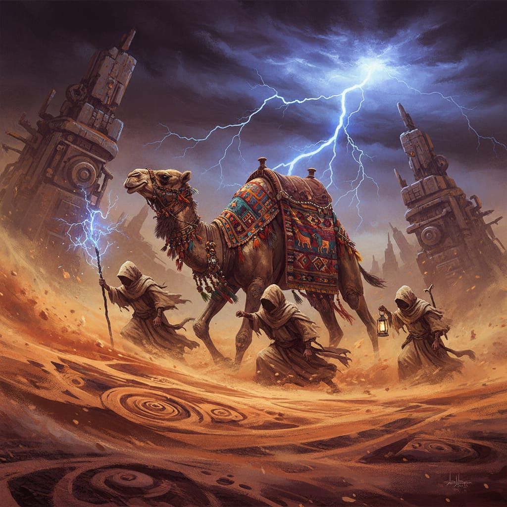 Camel Train Braving Desert Storm