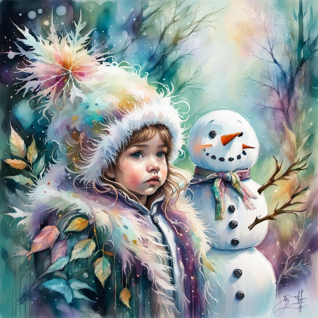 Whimsical Fantasy Portrait with Snowman and Baby in Lush Fol...