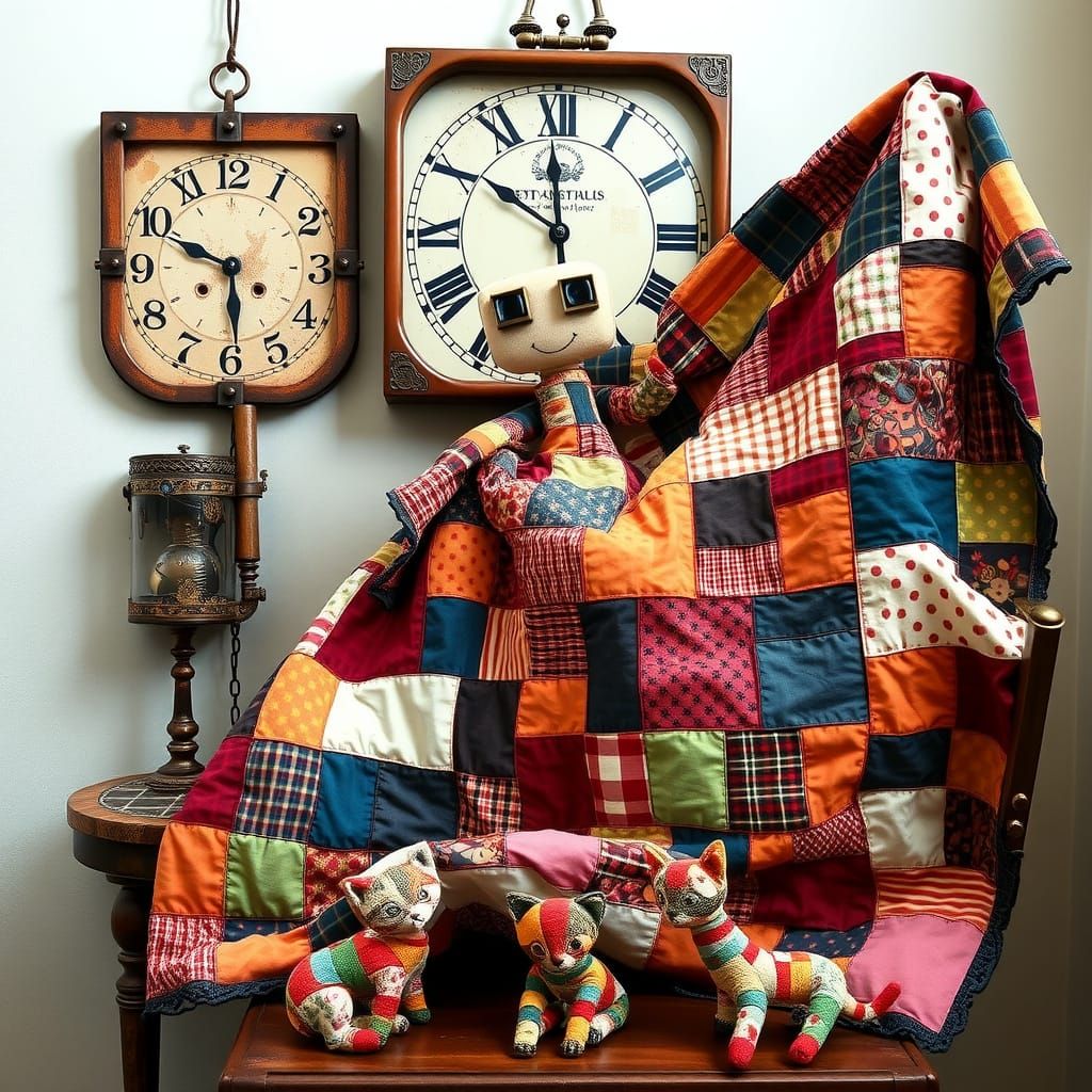 Whimsical Steampunk Patchwork Doll Amidst a Vibrant Textile ...