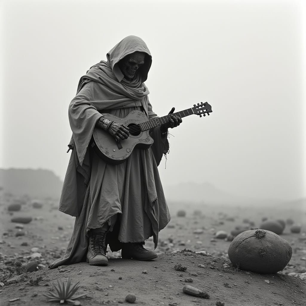 Robot Bard's Desolate Serenade in Gritty Black-and-White