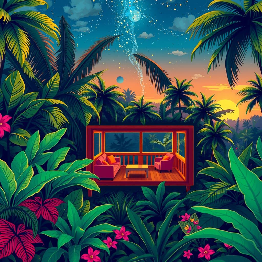 Tropical Forest Lounge in 8-bit Pixel Art
