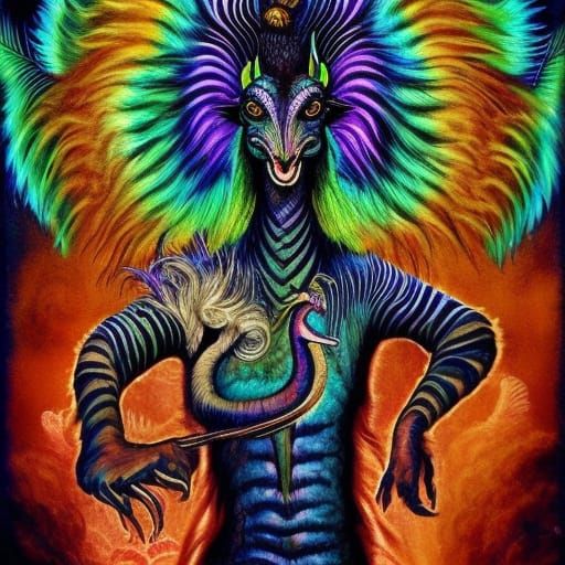 Peacock-Zebra-Baphomet Chimera in a Candlelit Tavern