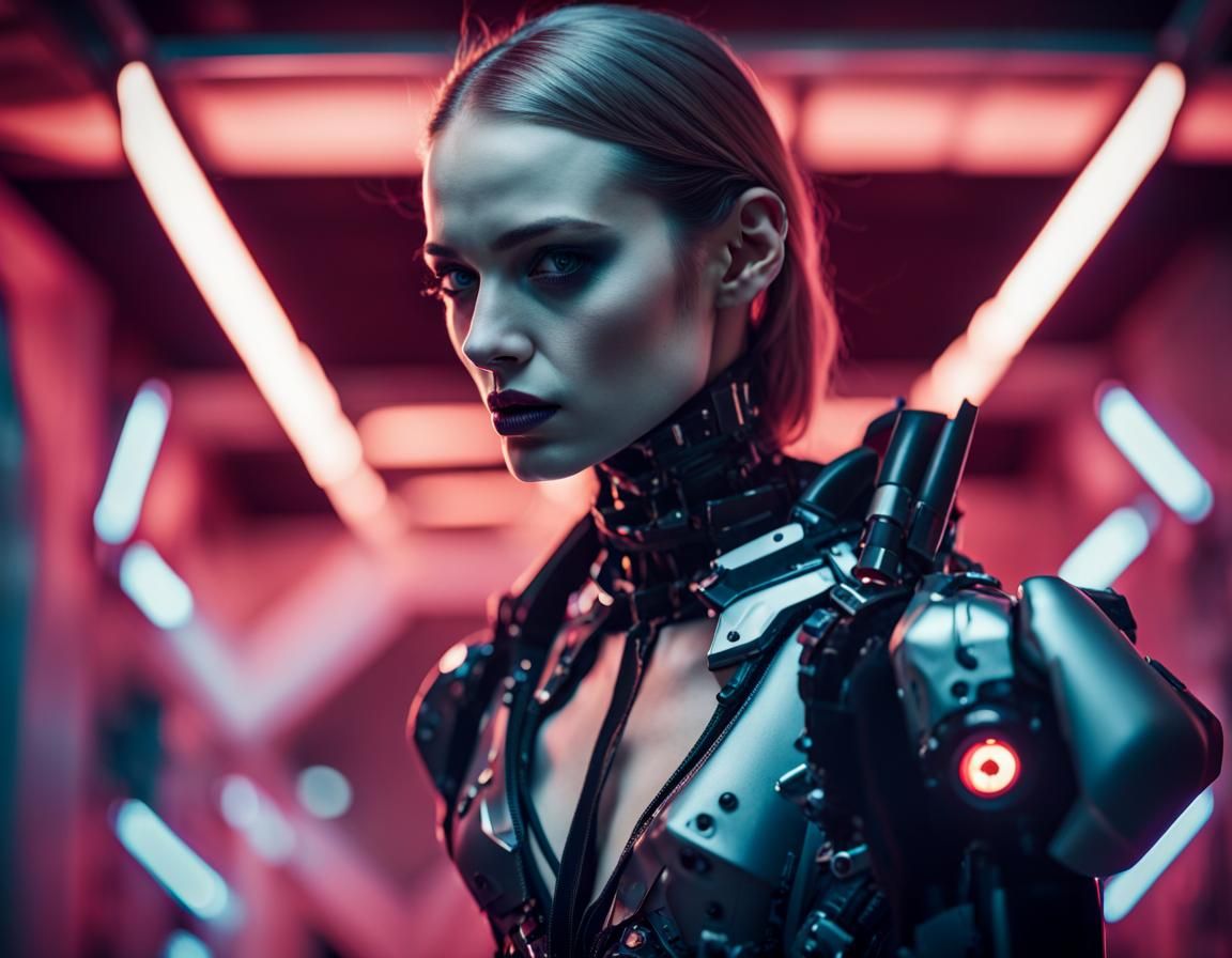 Vampire Supermodel in Robotic Exoskeleton: Sci-Fi Fashion