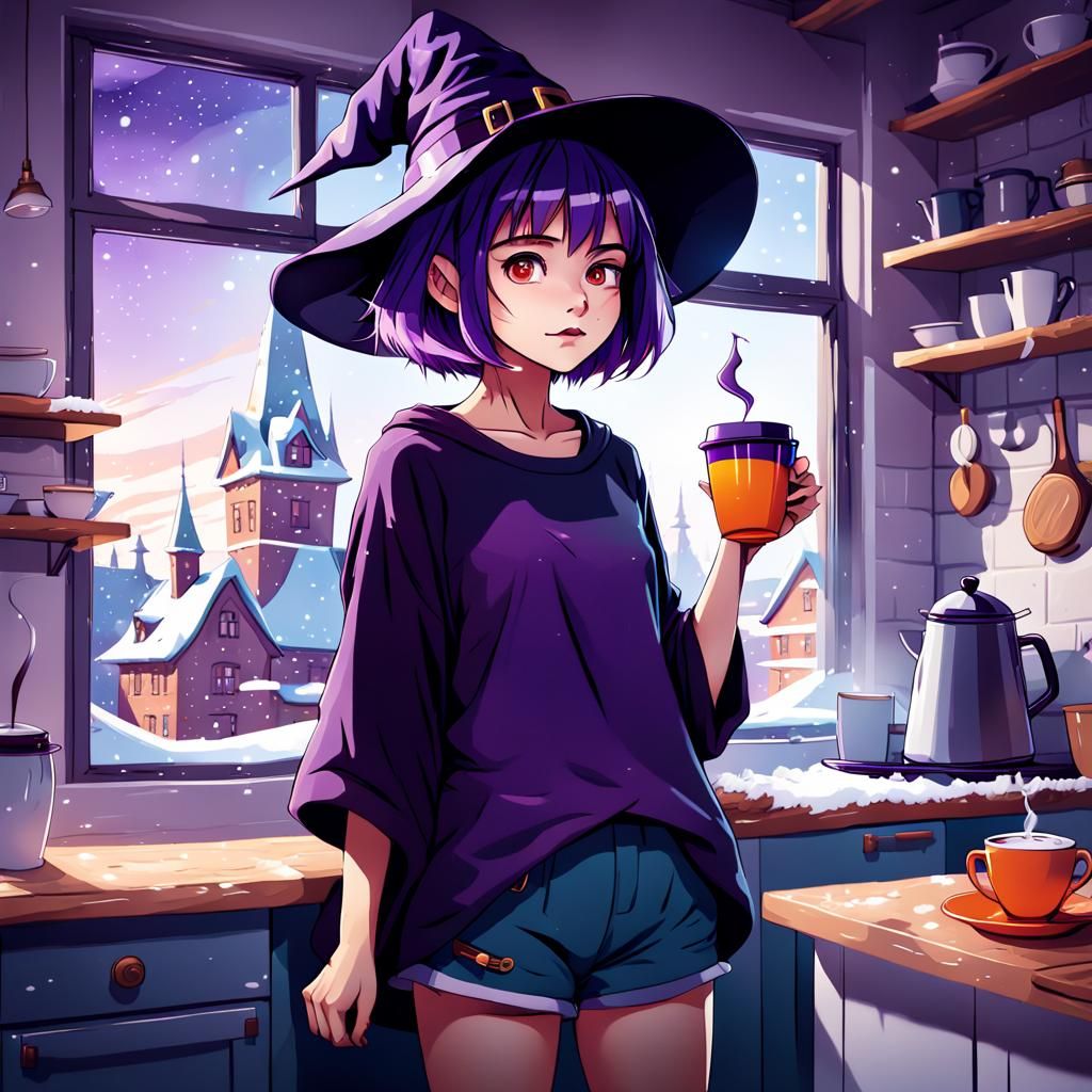 Cute Anime Witch Seeks Morning Magic in Snowy City