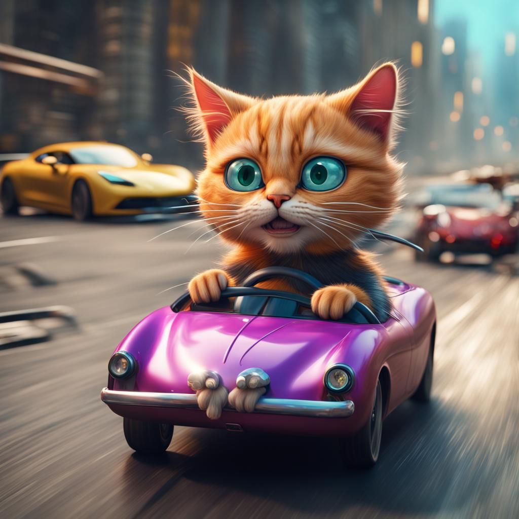Funny Cat Drives a Fast Car: Detailed Matte Painting