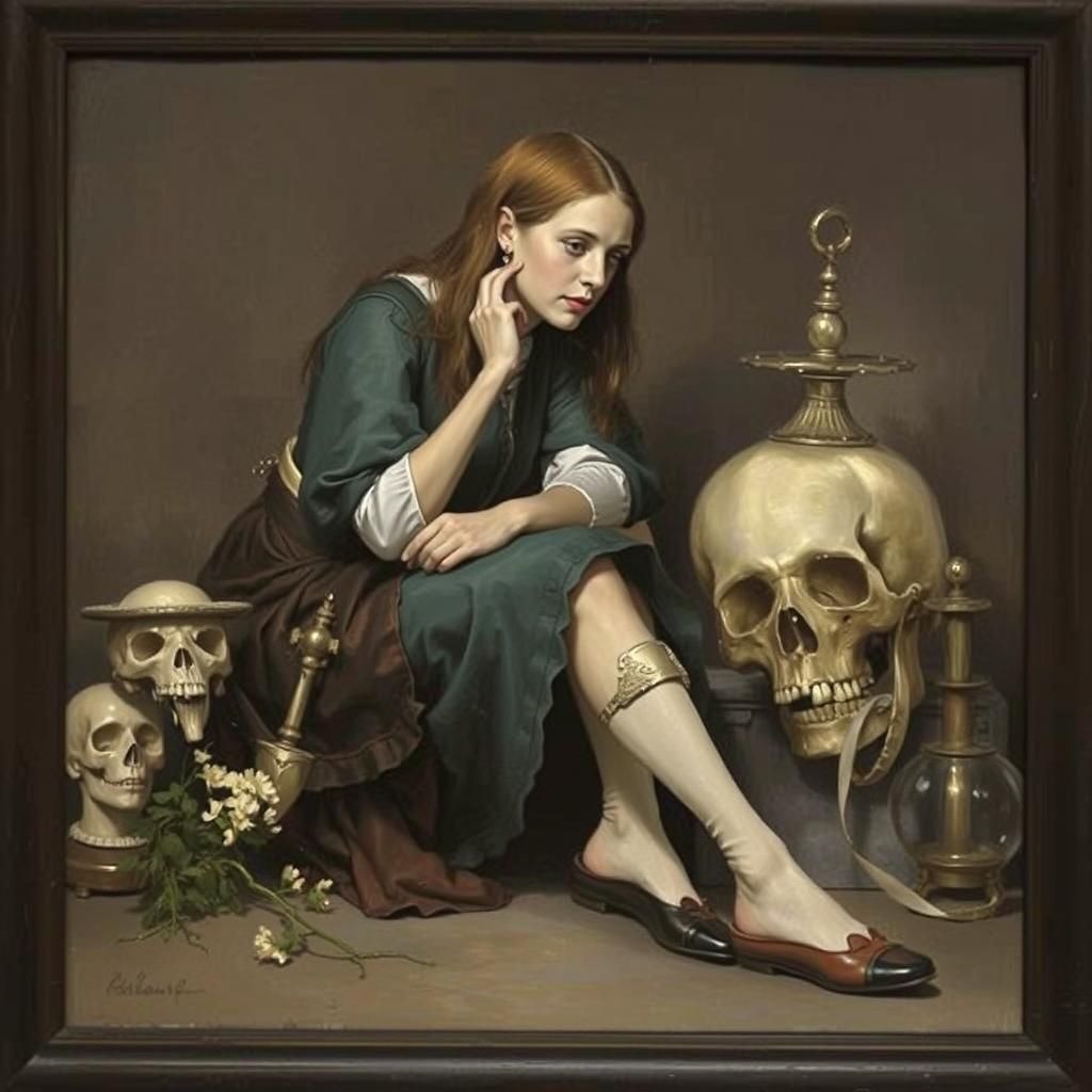 Woman by Skull: Oil Painting in Gurney Style