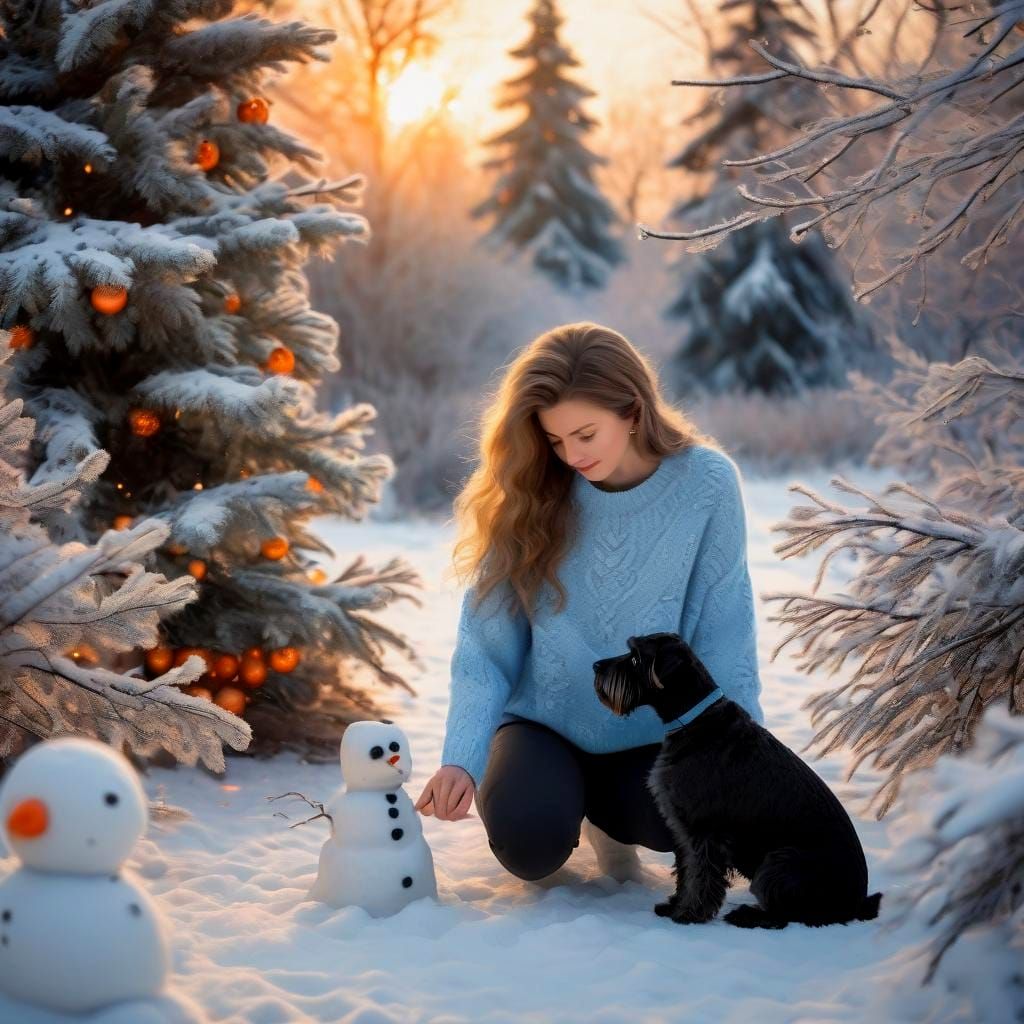 Woman, Schnauzer, and Snowman at Sunset