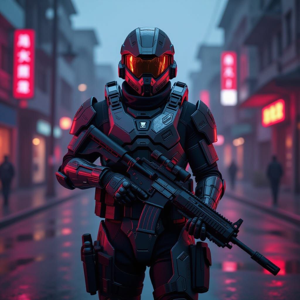 Hyperrealistic Futuristic Soldier in Neon Red Street