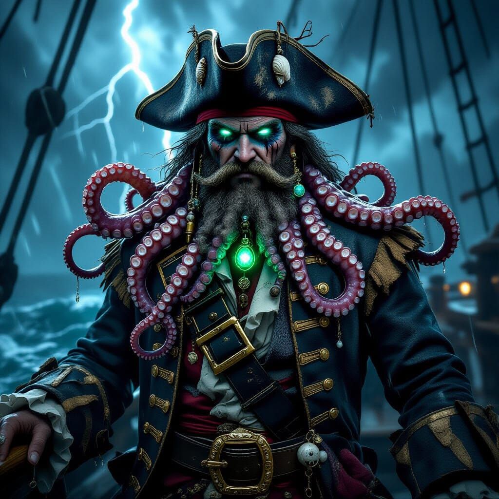 Pirate Captain with Octopus Beard in Stormy Seas