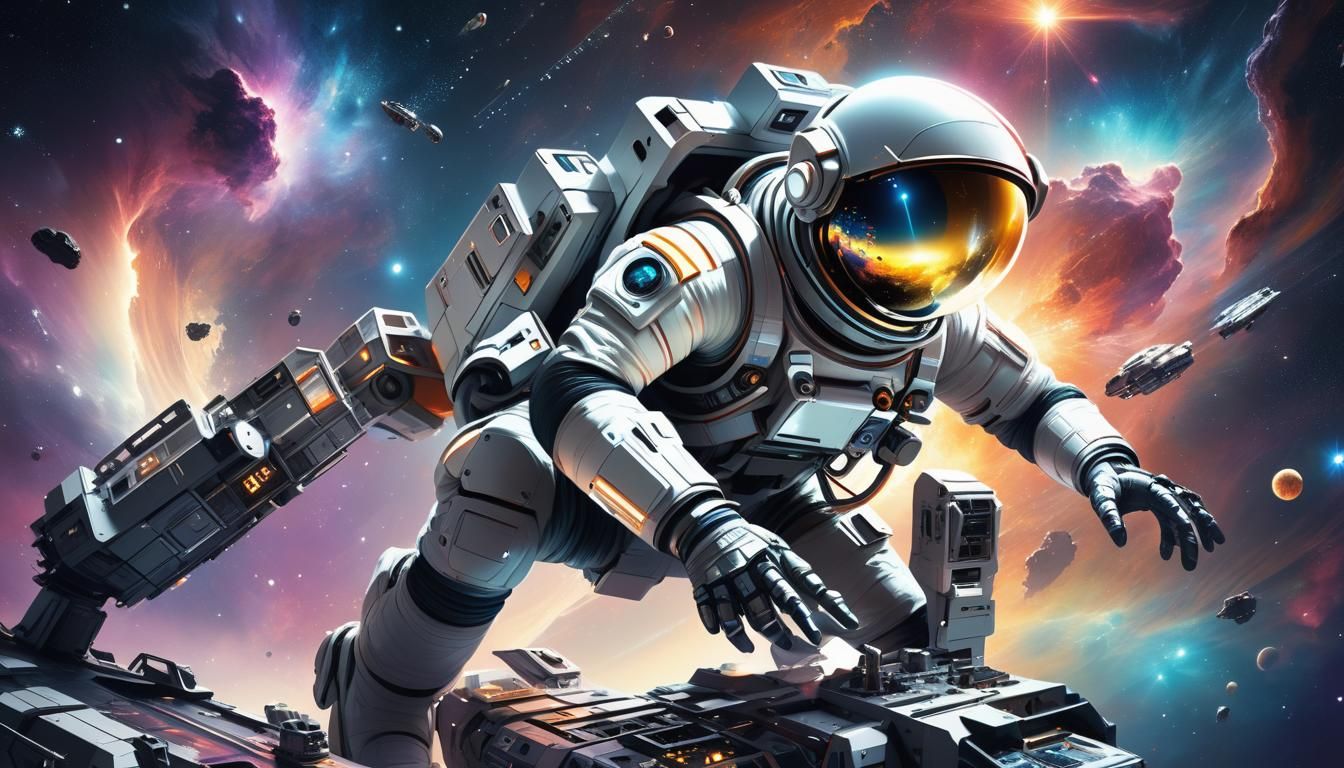 Astronaut Repairs Spaceship in Nebula: Sci-Fi Illustration