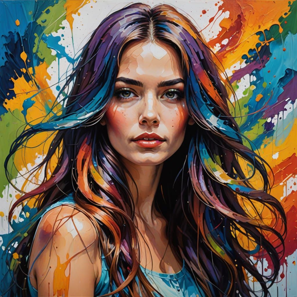 Oil Painting of Woman with Vibrant Splashes