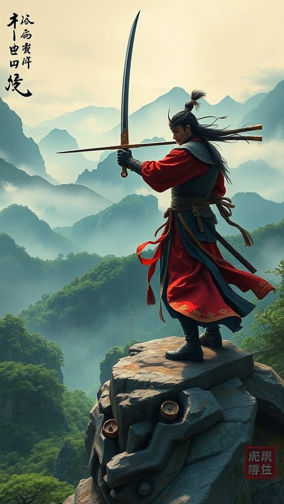 Elegant Warrior on Majestic Mountain Peak in Vibrant Chinese...