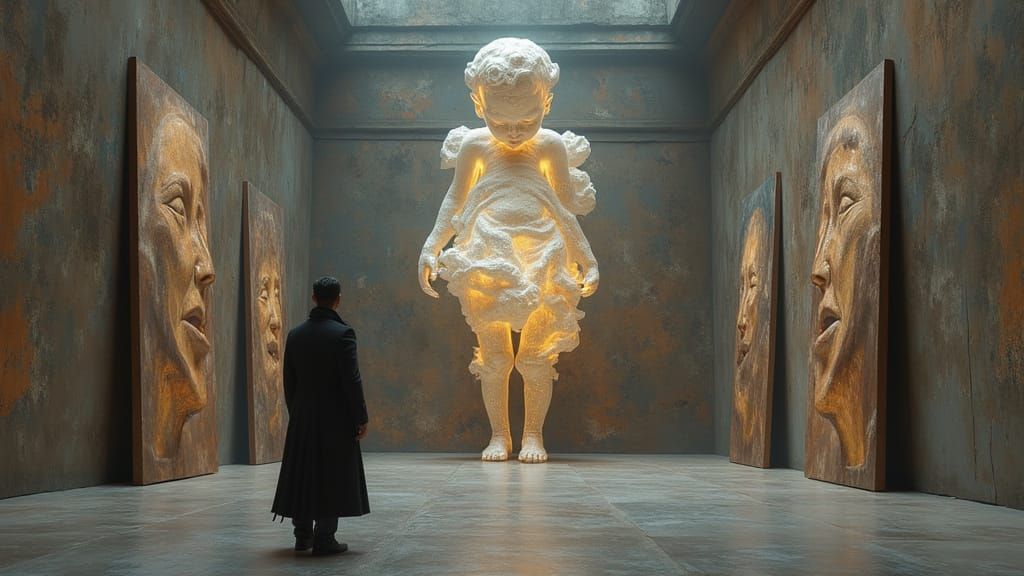 Lone Figure Gazes at Giant Felt Baby Sculpture in Gallery