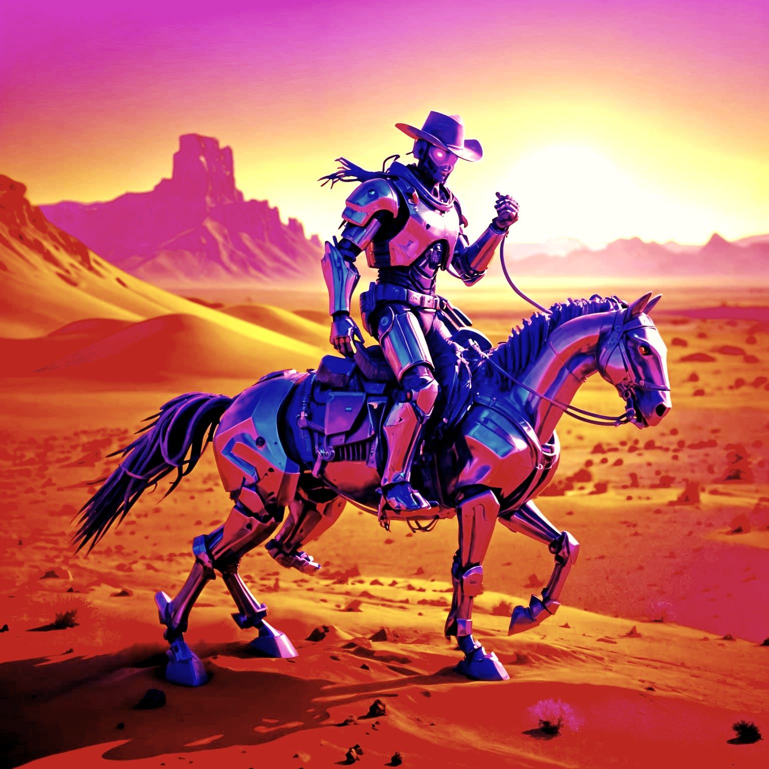 Epic Robot Cowboy Rides a Metal Steed on a Cosmic Purple Des...