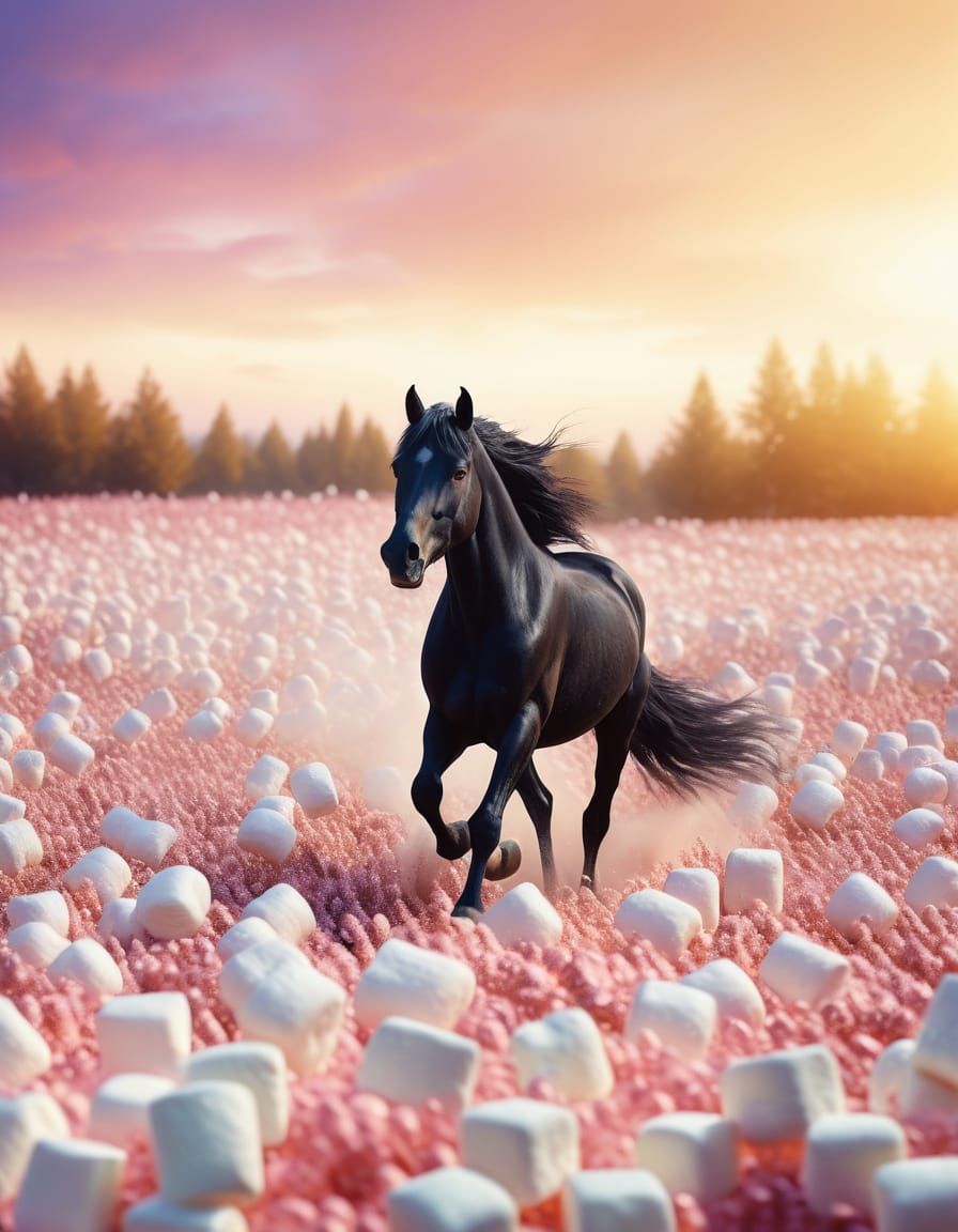 A black horse galloping through marshmallow fields; cinemati...