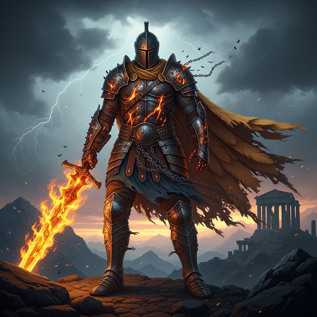 Armored Knight with Flaming Sword at Stormy Dawn