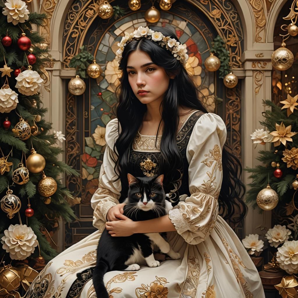 Jugendstil Girl with Cat at Christmas: Art Nouveau Portrait