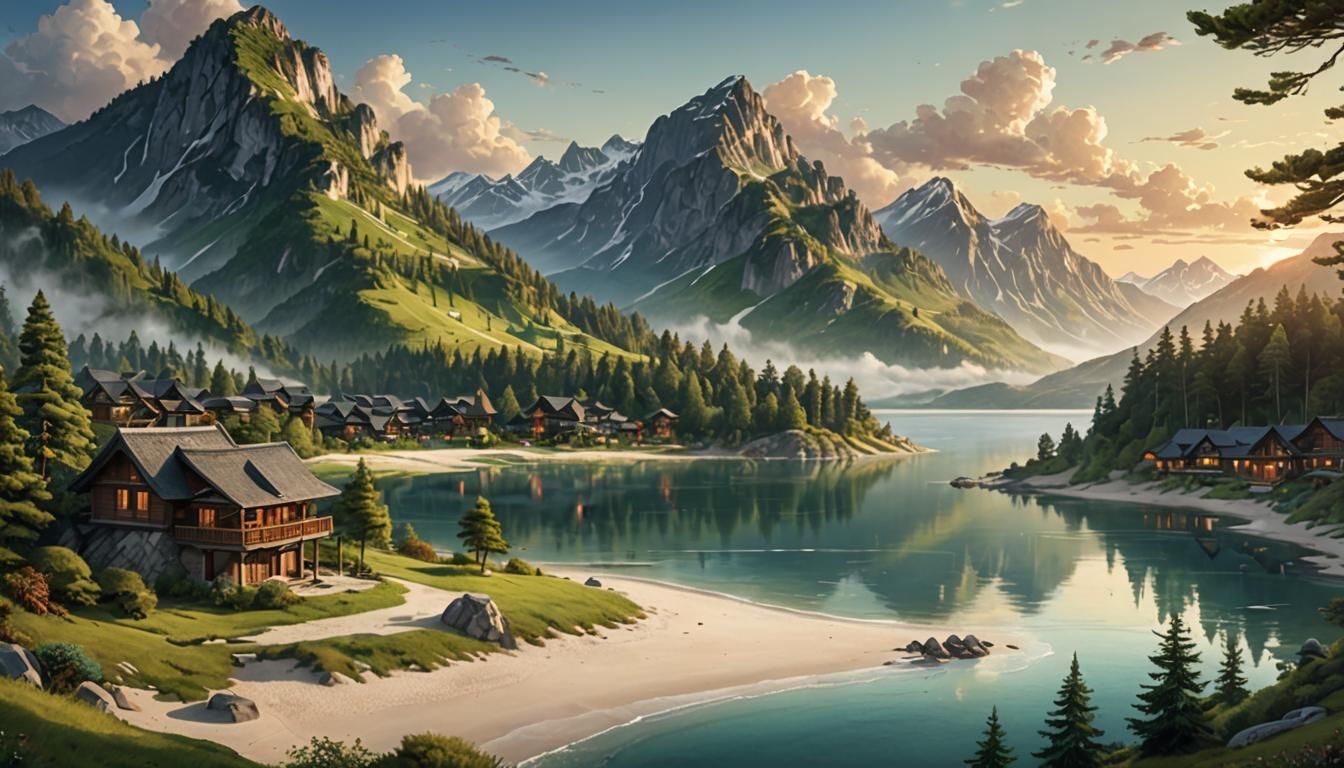 Majestic Mountain and Sea Landscape Concept Art