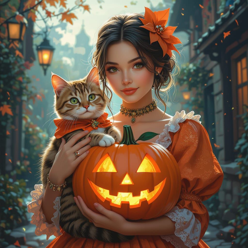 Woman With Cat In Pumpkin Costume Concept Art