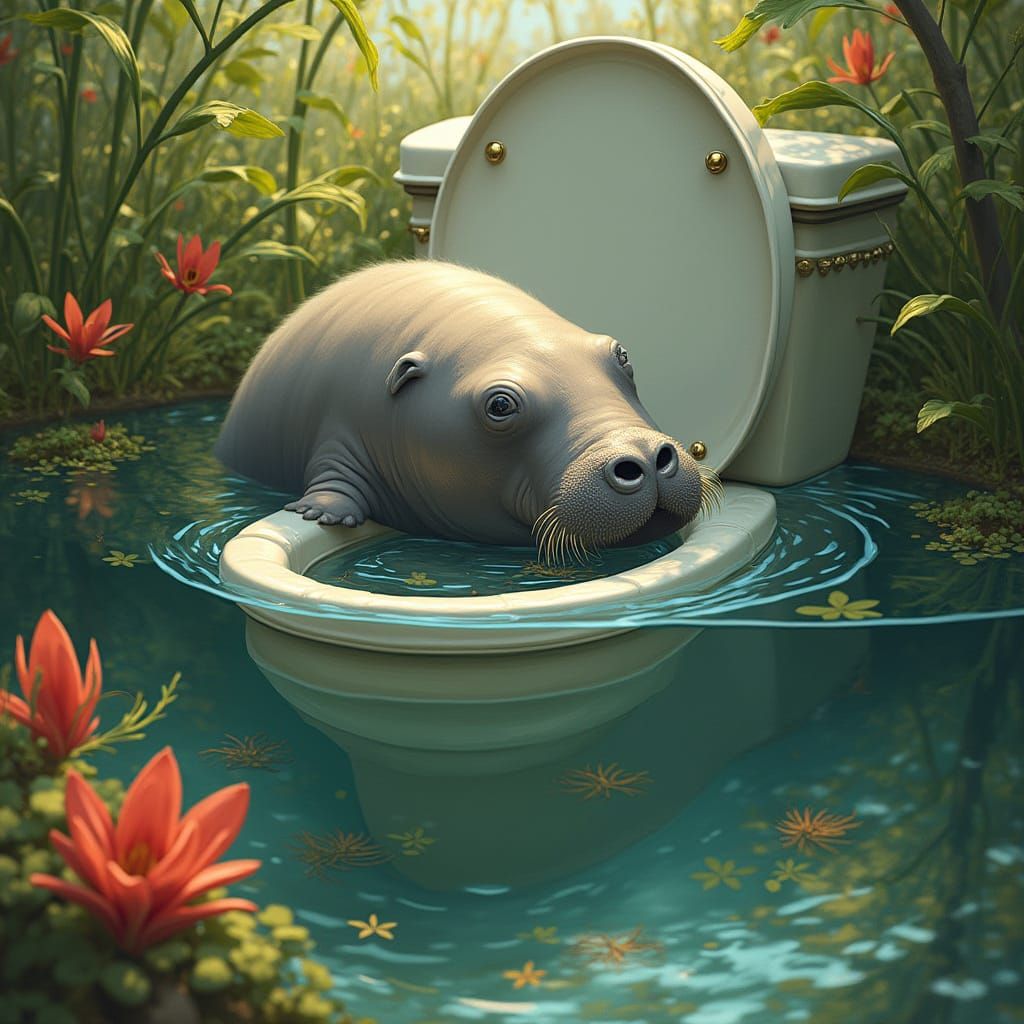 Manatee in Whimsical Florida Scene