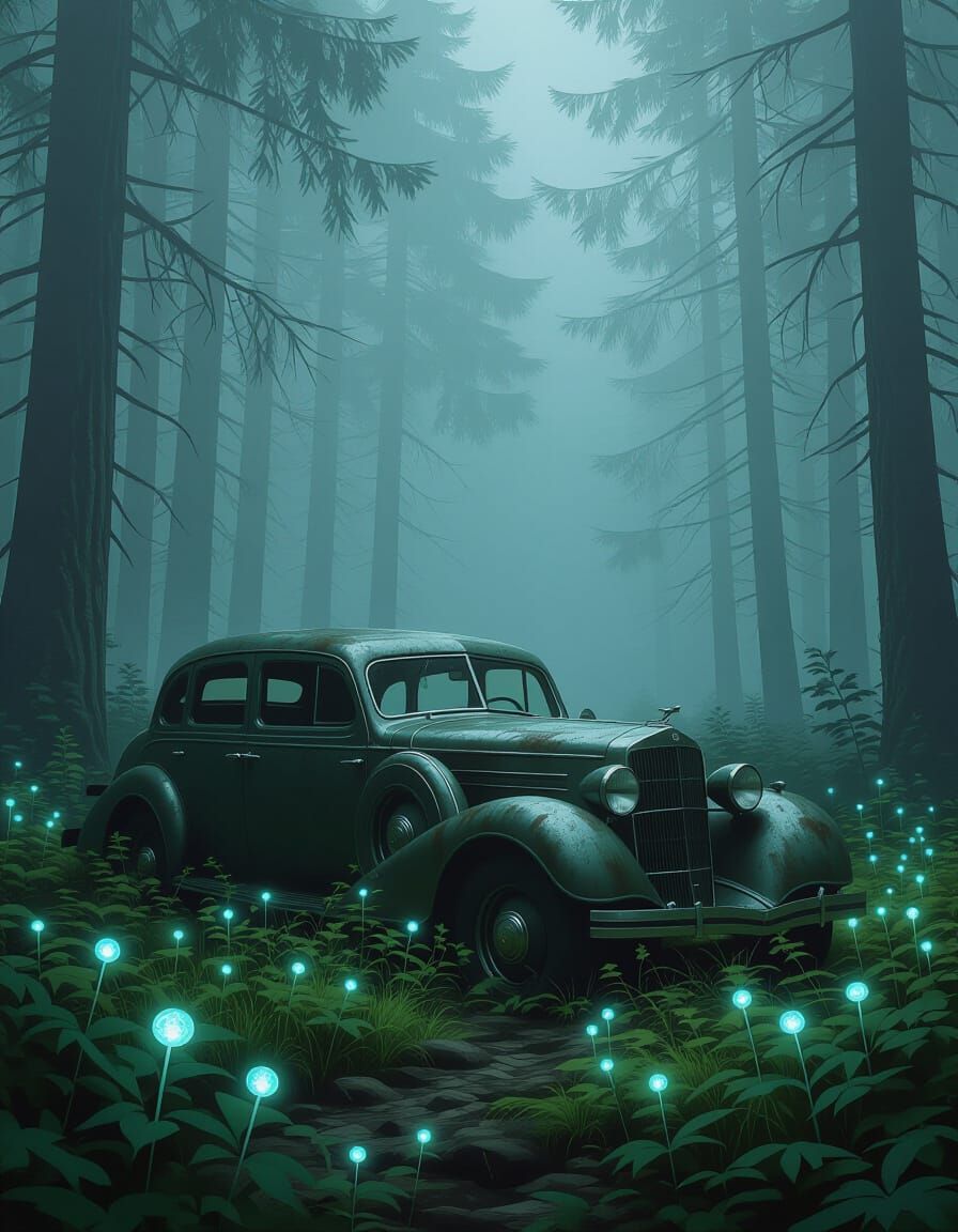 Ancient Car in Misty Forest with Ethereal Glow