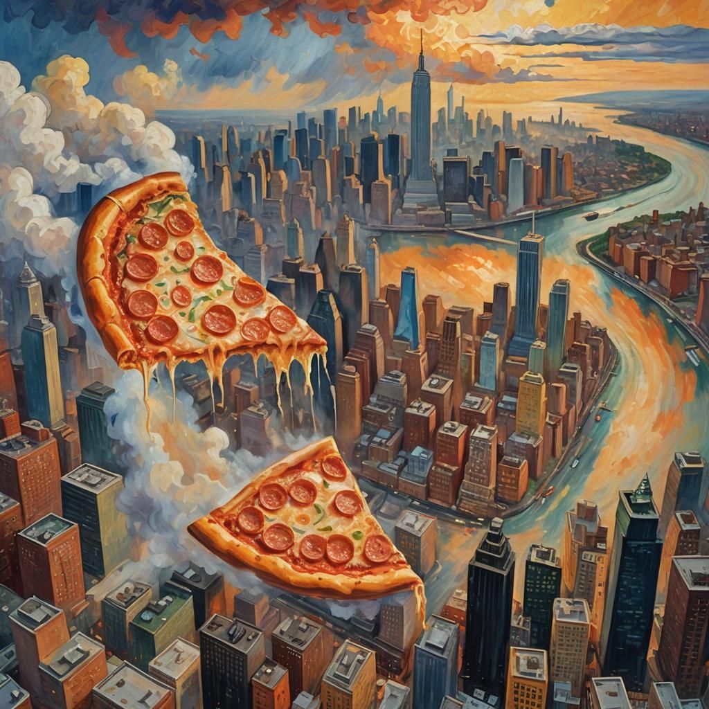 Pizza Over New York City: Neo-Impressionist Oil Painting