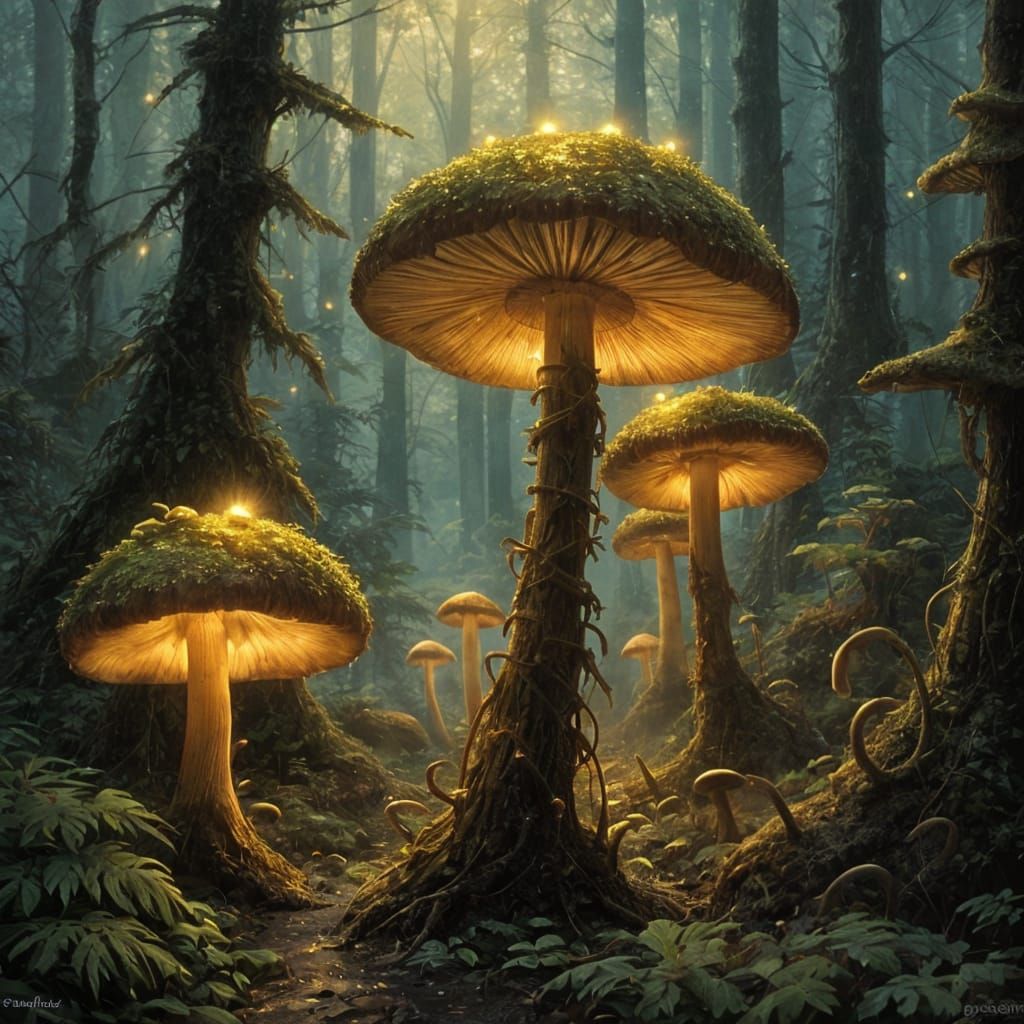 Luminous Mushrooms in Enchanted Forest: Dark Fantasy Art