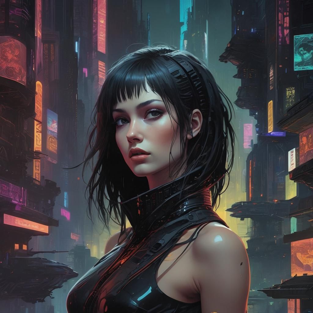 Gothic Sci-Fi Woman in Cyberpunk City