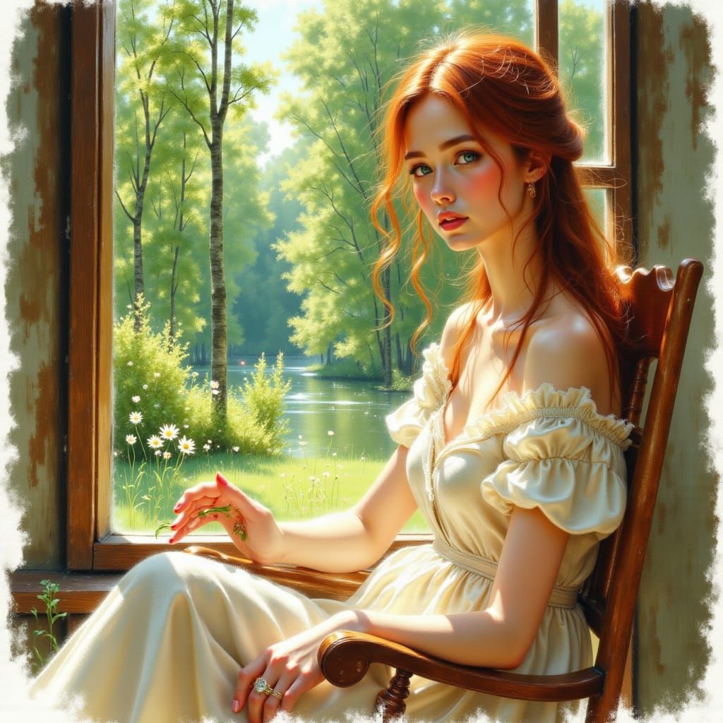 Woman in Linen Dress by Forest Window in Watercolor Style