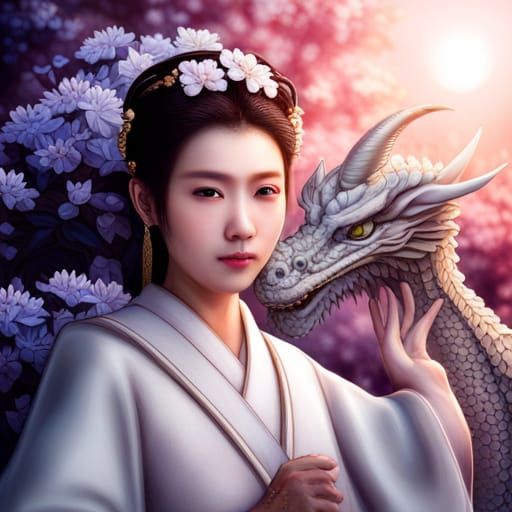 Japanese Priestess Selfie with Dragon in Hyperrealistic Styl...