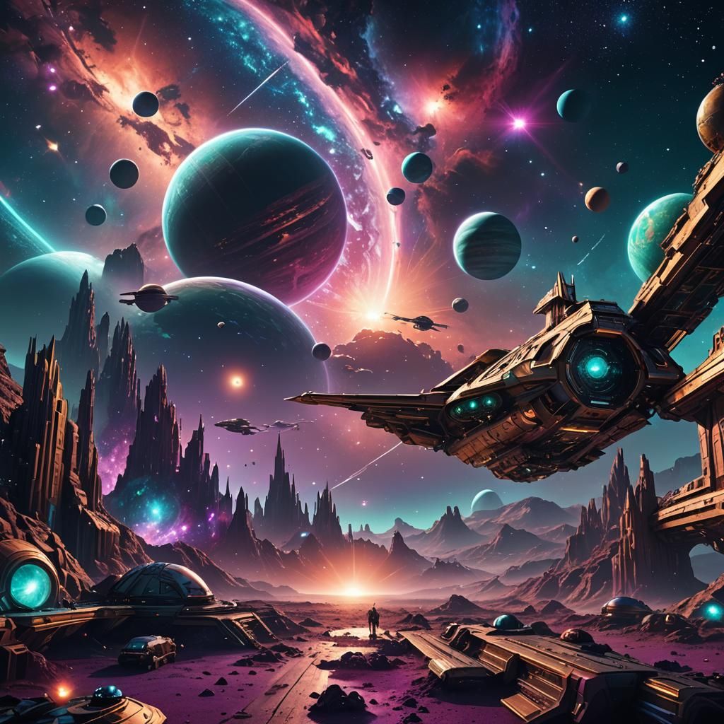 Colorful Night Sky with Planets and Spaceship